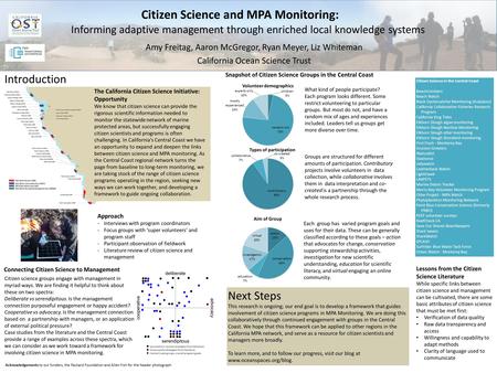 Next Steps This research is ongoing; our end goal is to develop a framework that guides involvement of citizen science programs in MPA Monitoring. We are.