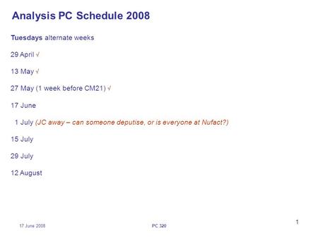 17 June 2008PC 320 1 Analysis PC Schedule 2008 Tuesdays alternate weeks 29 April  13 May  27 May (1 week before CM21)  17 June 1 July (JC away – can.