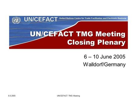 6.6.2005UN/CEFACT TMG Meeting UN/CEFACT TMG Meeting Closing Plenary 6 – 10 June 2005 Walldorf/Germany.