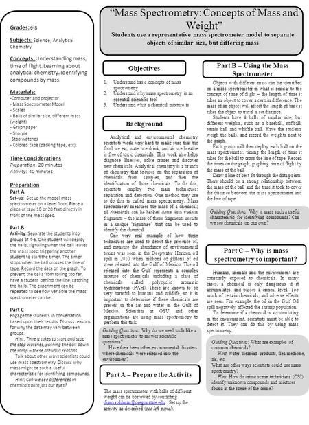 The mass spectrometer with balls of different weight can be borrowed by contacting Set up the activity as described (see.