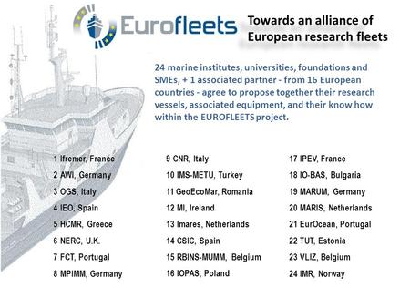 24 marine institutes, universities, foundations and SMEs, + 1 associated partner - from 16 European countries - agree to propose together their research.