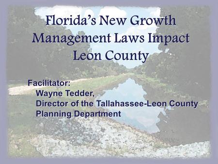 Florida’s New Growth Management Laws Impact Leon County Facilitator: Wayne Tedder, Director of the Tallahassee-Leon County Planning Department.