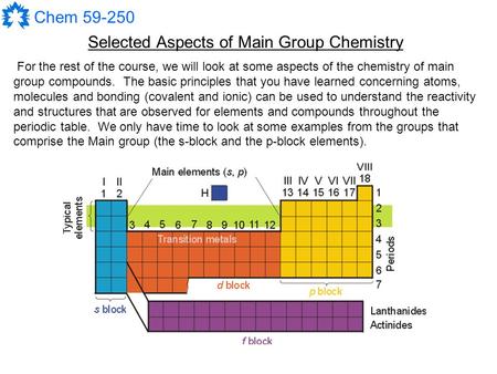 Chem 59-250 Selected Aspects of Main Group Chemistry For the rest of the course, we will look at some aspects of the chemistry of main group compounds.