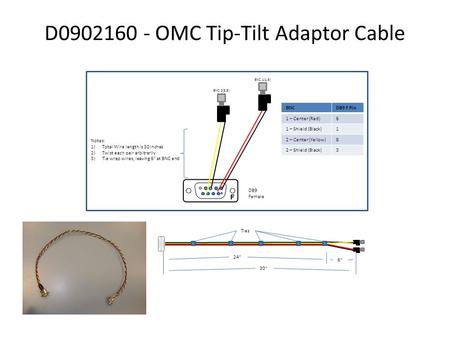 BNCDB9 F Pin 1 – Center (Red)6 1 – Shield (Black)1 2 – Center (Yellow)8 2 – Shield (Black)3 D0902160 - OMC Tip-Tilt Adaptor Cable BNC 1(1,6) BNC 2(3,8)