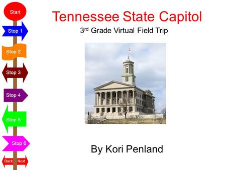 Start Stop 2 Stop 3 Stop 4 Stop 5 Stop 6 Stop 1 NextBack Tennessee State Capitol By Kori Penland 3 rd Grade Virtual Field Trip.