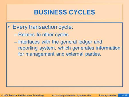 © 2006 Prentice Hall Business Publishing Accounting Information Systems, 10/e Romney/Steinbart1 of 43 Every transaction cycle: –Relates to other cycles.