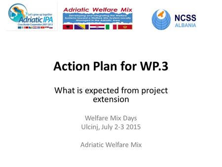 Action Plan for WP.3 What is expected from project extension Welfare Mix Days Ulcinj, July 2-3 2015 Adriatic Welfare Mix.