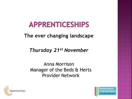 The ever changing landscape Thursday 21 st November Anna Morrison Manager of the Beds & Herts Provider Network.