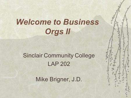 1 Welcome to Business Orgs II Sinclair Community College LAP 202 Mike Brigner, J.D.