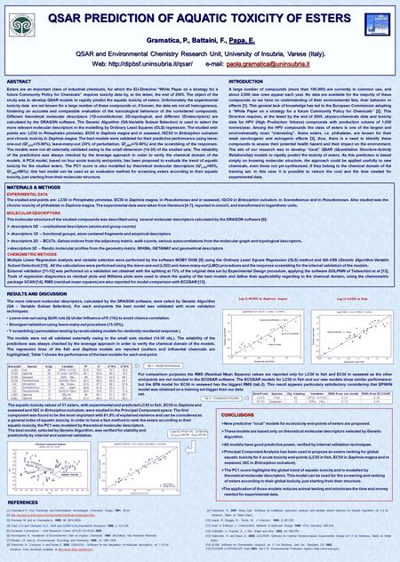 The aquatic toxicity values of 57 esters, with experimental and predicted LC50 in fish, EC50 in Daphnia and seaweed and IGC in Entosiphon sulcatum, were.