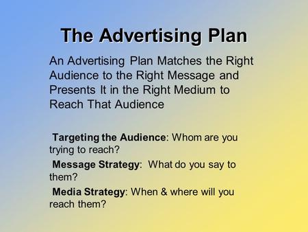 The Advertising Plan An Advertising Plan Matches the Right Audience to the Right Message and Presents It in the Right Medium to Reach That Audience Targeting.