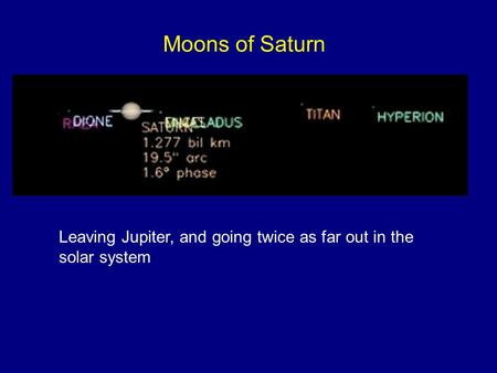 Moons of Saturn Leaving Jupiter, and going twice as far out in the solar system.