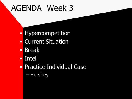 AGENDA Week 3 Hypercompetition Current Situation Break Intel Practice Individual Case –Hershey.