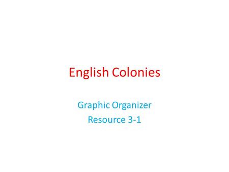 English Colonies Graphic Organizer Resource 3-1. Plymouth Rock Religion = Separtists Tolerance= knowledge gained from Native Americans Squanto Fertilization.