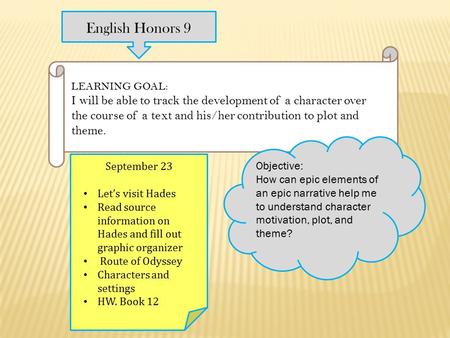 LEARNING GOAL: I will be able to track the development of a character over the course of a text and his/her contribution to plot and theme. English Honors.