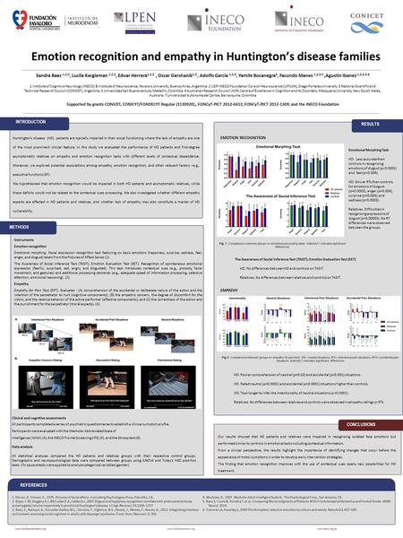 Emotion recognition and empathy in Huntington’s disease families Sandra Baez 1,2,3, Lucila Kargieman 1,2,3, Eduar Herrera 1,2,3, Oscar Gershanik 1,3, Adolfo.