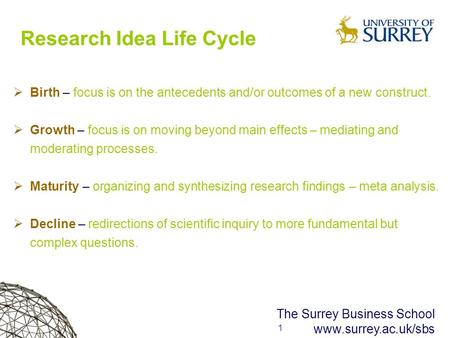 1 1 The Surrey Business School www.surrey.ac.uk/sbs Research Idea Life Cycle  Birth – focus is on the antecedents and/or outcomes of a new construct.