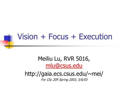 Vision + Focus + Execution Meiliu Lu, RVR 5016,  For CSc 209 Spring 2003, 5/6/03.