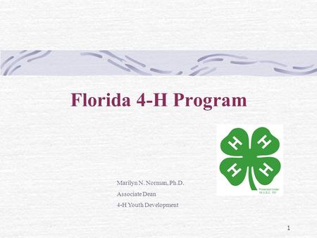 1 Florida 4-H Program Marilyn N. Norman, Ph.D. Associate Dean 4-H Youth Development.