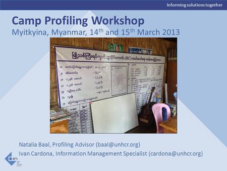 Informing solutions together Myitkyina, Myanmar, 14 th and 15 th March 2013 Camp Profiling Workshop Natalia Baal, Profiling Advisor Ivan.