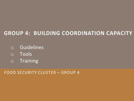 GROUP 4: BUILDING COORDINATION CAPACITY o Guidelines o Tools o Training FOOD SECURITY CLUSTER – GROUP 4.