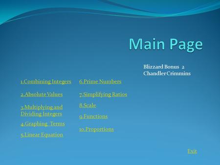 1.Combining Integers Blizzard Bonus 2 Chandler Crimmins 2.Absolute Values 3.Multiplying and Dividing Integers 4.Graphing Terms 5.Linear Equation 6.Prime.