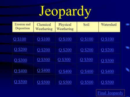 Jeopardy Erosion and Deposition Chemical Weathering Physical Weathering SoilWatershed Q $100 Q $200 Q $300 Q $400 Q $500 Q $100 Q $200 Q $300 Q $400 Q.