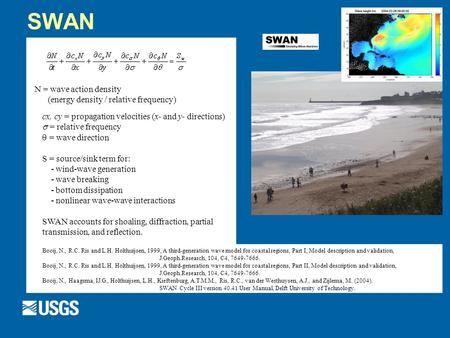 SWAN cx, cy = propagation velocities (x- and y- directions)  = relative frequency  = wave direction S = source/sink term for: - wind-wave generation.