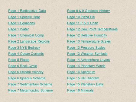 Page 1 Radioactive Data Page 1 Specific Heat Page 1 Equations Page 1 Water Page 1 Chemical Comp Page 2 Landscape Regions Page 3 NYS Bedrock Page 4 Ocean.