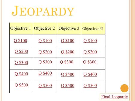 J EOPARDY Objective 1 Objective 2Objective 3 Objective 4/5 Q $100 Q $200 Q $300 Q $400 Q $500 Q $100 Q $200 Q $300 Q $400 Q $500 Final Jeopardy.