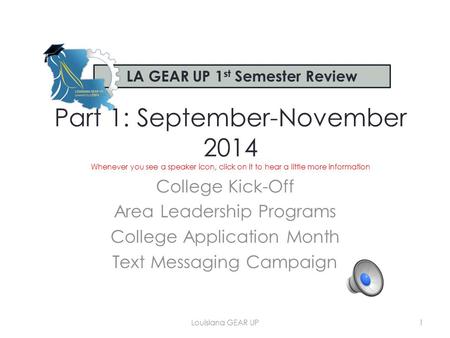 Part 1: September-November 2014 Whenever you see a speaker icon, click on it to hear a little more information College Kick-Off Area Leadership Programs.