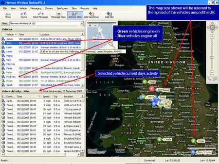 Confidential 0 - Green vehicles engine on - Blue vehicles engine off Selected vehicle current days activity The map size shown will be relevant to the.