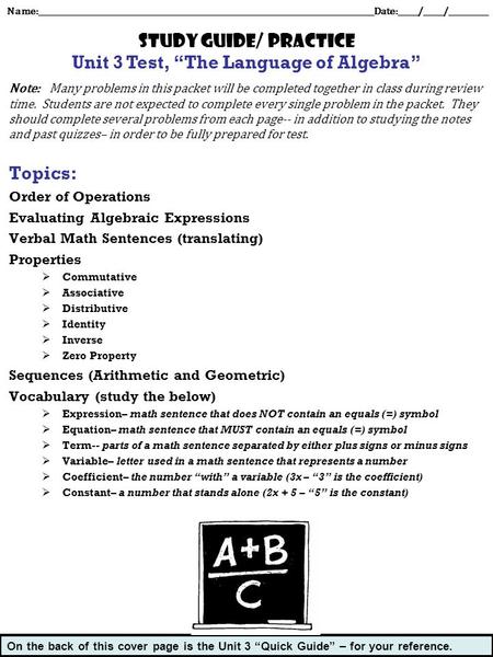 Note: Many problems in this packet will be completed together in class during review time. Students are not expected to complete every single problem in.