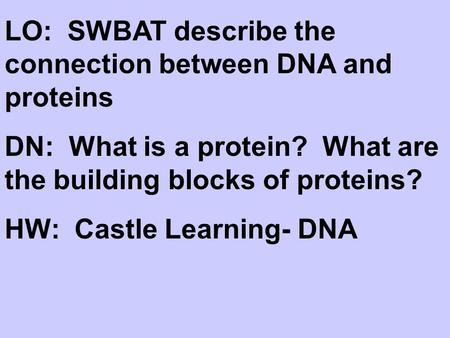 LO: SWBAT describe the connection between DNA and proteins DN: What is a protein? What are the building blocks of proteins? HW: Castle Learning- DNA.