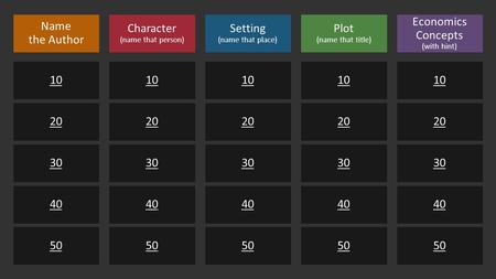 You can type your own categories and points values in this game board. Type your questions and answers in the slides we’ve provided. When you’re in slide.