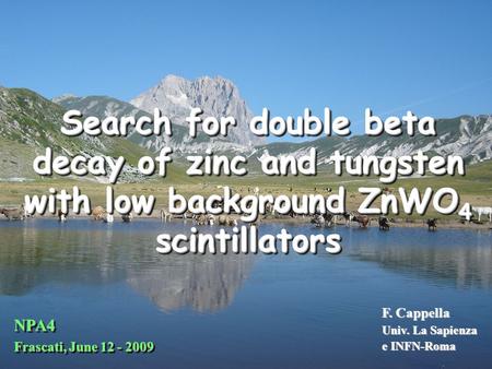 F. Cappella Univ. La Sapienza e INFN-Roma NPA4 Frascati, June 12 - 2009 NPA4 Search for double beta decay of zinc and tungsten with low background ZnWO.