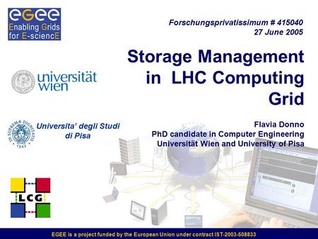 Universita’ degli Studi di Pisa EGEE is a project funded by the European Union under contract IST-2003-508833 Storage Management in LHC Computing Grid.