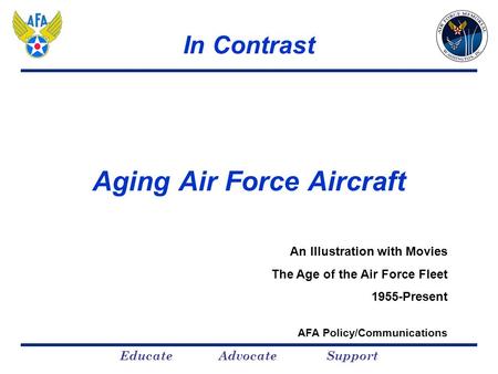 Educate Advocate Support Aging Air Force Aircraft In Contrast An Illustration with Movies The Age of the Air Force Fleet 1955-Present AFA Policy/Communications.