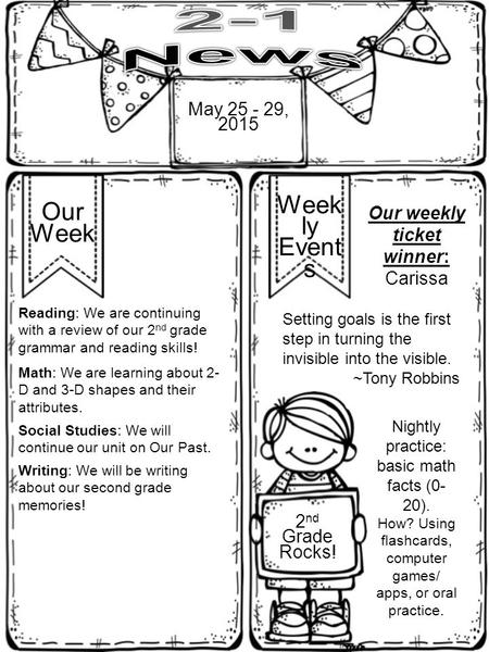 Reading: We are continuing with a review of our 2 nd grade grammar and reading skills! Math: We are learning about 2- D and 3-D shapes and their attributes.