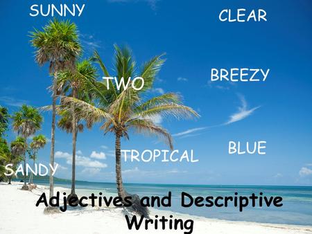 Adjectives and Descriptive Writing BLUE TWO SANDY CLEAR BREEZY SUNNY TROPICAL.