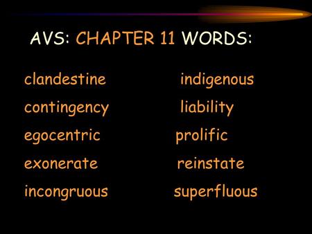 AVS: CHAPTER 11 WORDS: clandestine indigenous contingency liability