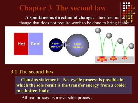 Chapter 3 The second law A spontaneous direction of change: the direction of change that does not require work to be done to bring it about. Clausius statement: