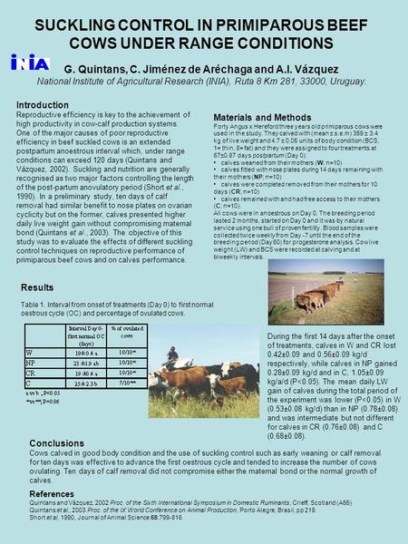 SUCKLING CONTROL IN PRIMIPAROUS BEEF COWS UNDER RANGE CONDITIONS G. Quintans, C. Jiménez de Aréchaga and A.I. Vázquez National Institute of Agricultural.