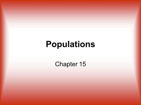 Populations Chapter 15. Definition Population – Example – individuals of the same species that live in the same area at the same time the human population.