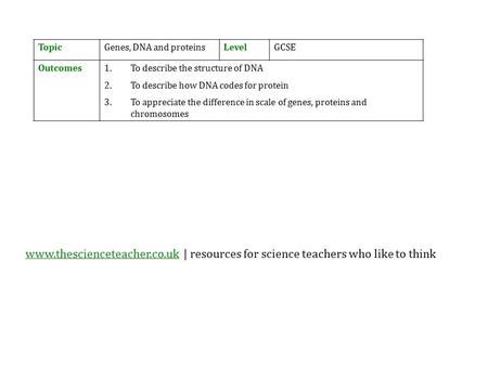 TopicGenes, DNA and proteinsLevelGCSE Outcomes1.To describe the structure of DNA 2.To describe how DNA codes for protein 3.To appreciate the difference.