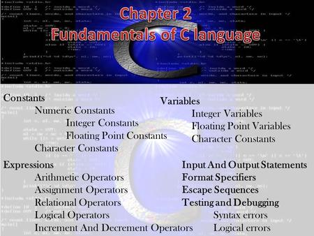 Constants Numeric Constants Integer Constants Floating Point Constants Character Constants Expressions Arithmetic Operators Assignment Operators Relational.