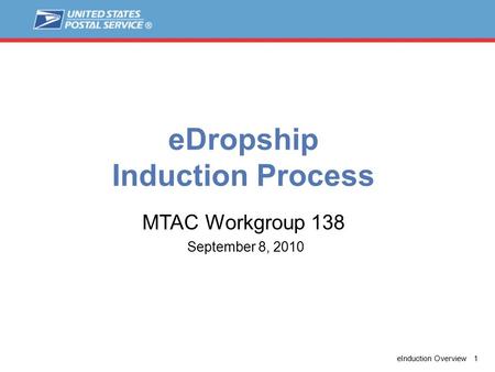 EInduction Overview 1 eDropship Induction Process September 8, 2010 MTAC Workgroup 138.