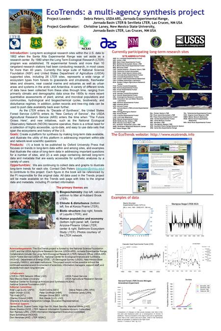 EcoTrends: a multi-agency synthesis project Project Leader: Debra Peters, USDA ARS, Jornada Experimental Range, Jornada Basin LTER & Sevilleta LTER, Las.