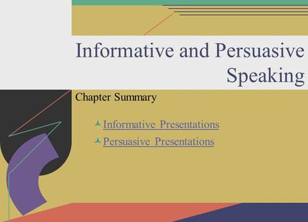 Copyright © 2002 by The McGraw-Hill Companies, Inc. All rights reserved. Slide 1 Informative and Persuasive Speaking Chapter Summary Informative Presentations.