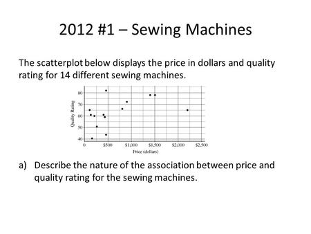 2012 #1 – Sewing Machines The scatterplot below displays the price in dollars and quality rating for 14 different sewing machines. a)Describe the nature.